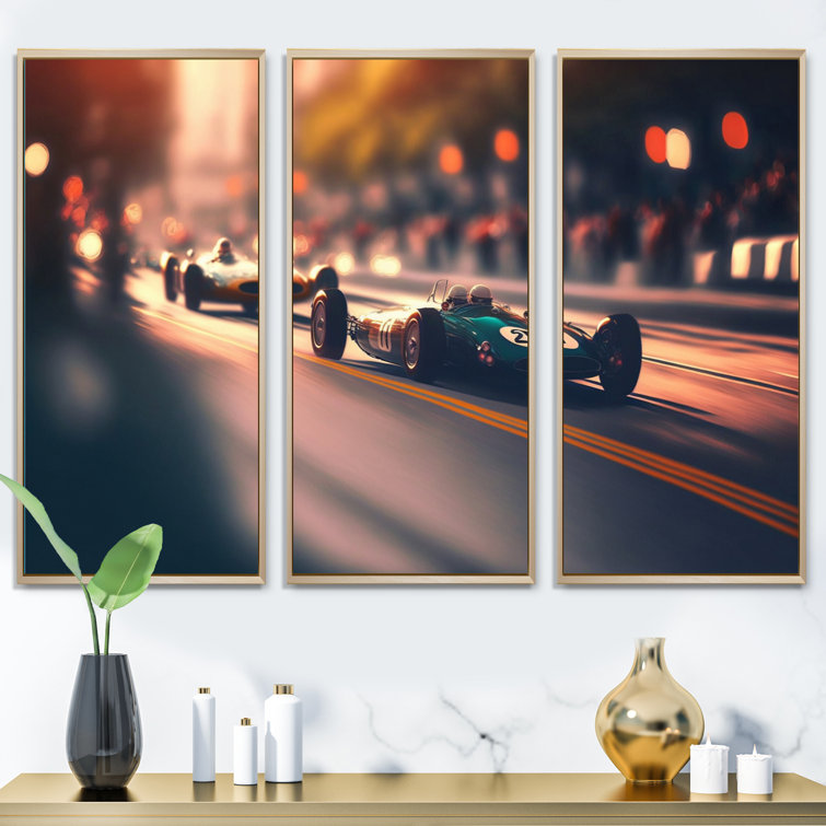 Vintage Blue Race Car in Street Race III - 3 Piece Print on Canvas